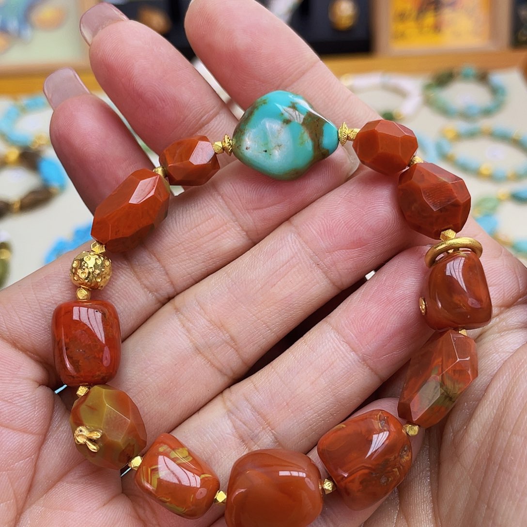 南红玛瑙手链18K金镶嵌