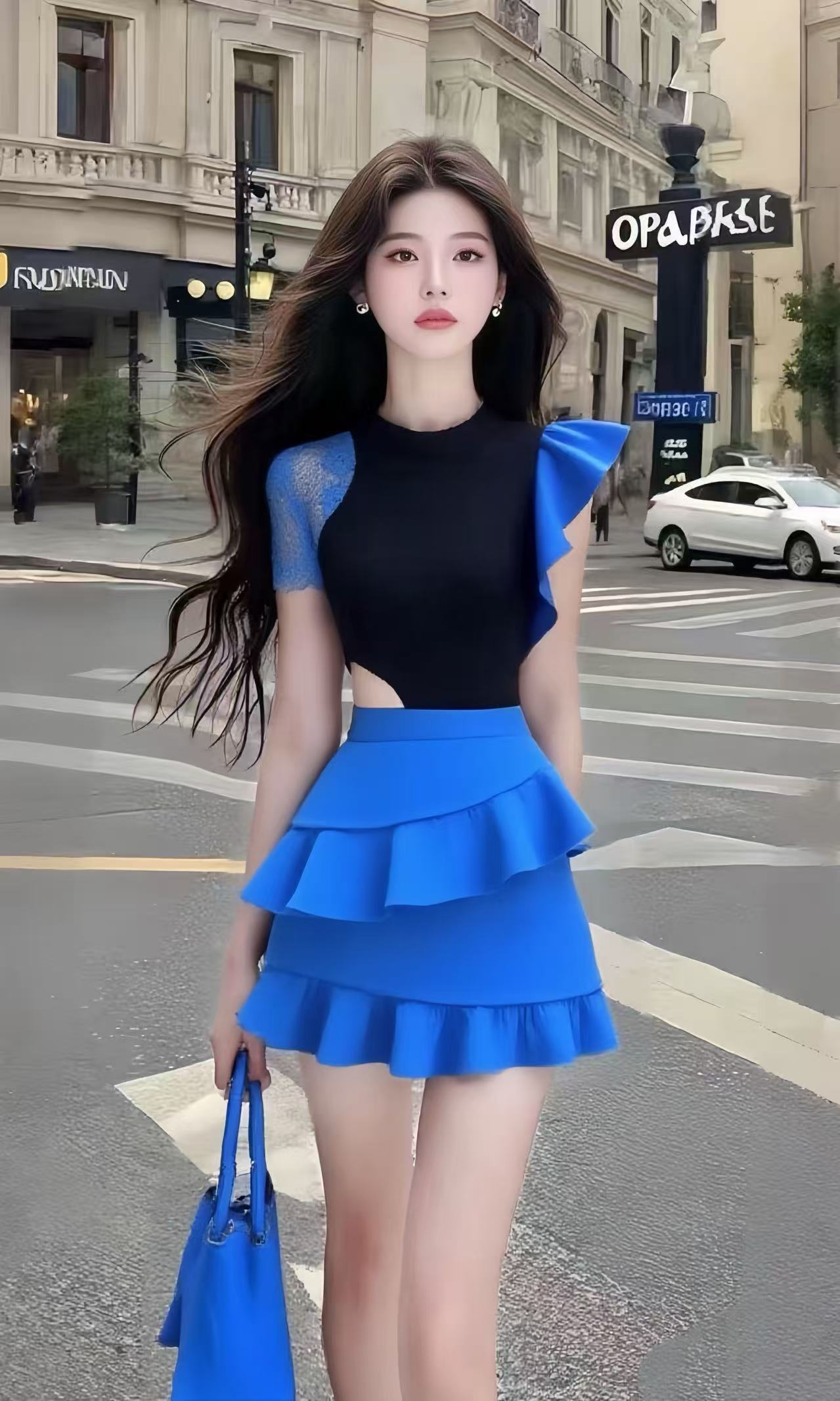 夏季新款蓝黑撞色拼接设计圆领修身收腰连衣裙女时尚小众气质女装