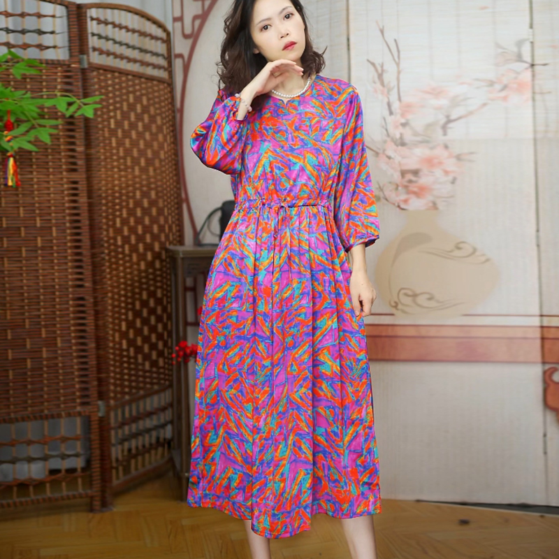 181 玫红彩色 女装连衣裙春秋季提花裙子大码显瘦气质时尚宽松