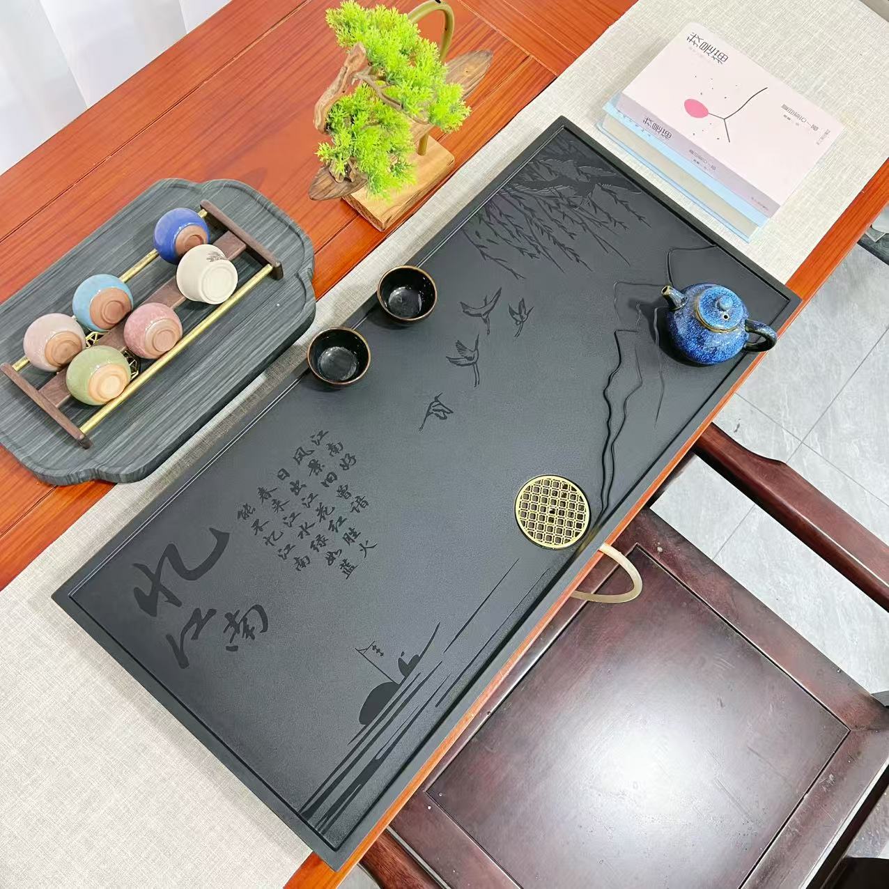 【新江南】80*37*3新款江南石茶盘家用办公直排下水简约浮雕时尚