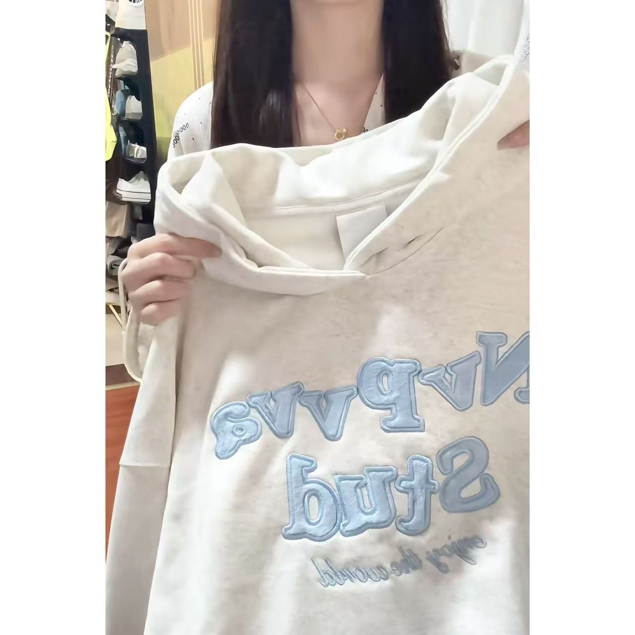美式复古毛绒字母贴布刺绣连帽卫衣女春秋宽松设计感小众情侣上衣