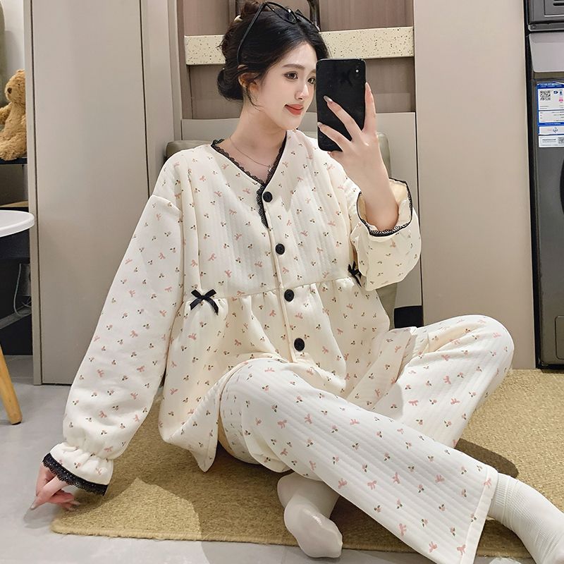 秋冬空气棉月子孕妇产后夹棉保暖哺乳睡衣11月12纯棉喂奶待产套装
