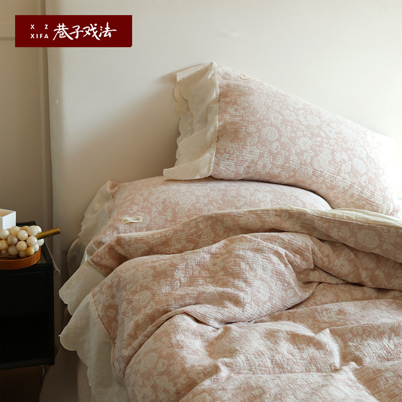 巷子戏法高级感A类全棉提花四件套双层纱轻奢床上用品纯棉床单笠
