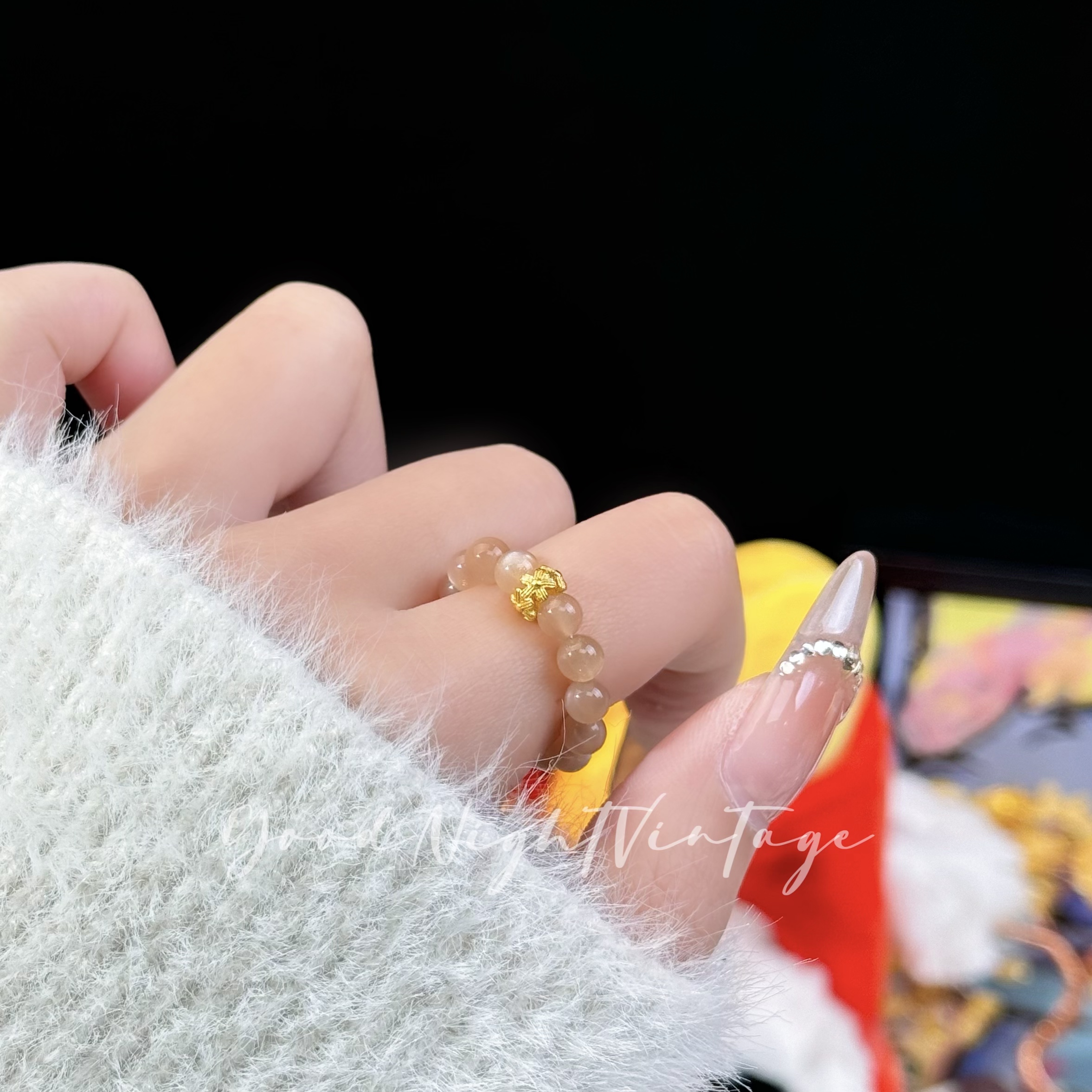 【奶茶月光】月光石素圈串珠戒指女水晶弹力绳戒指