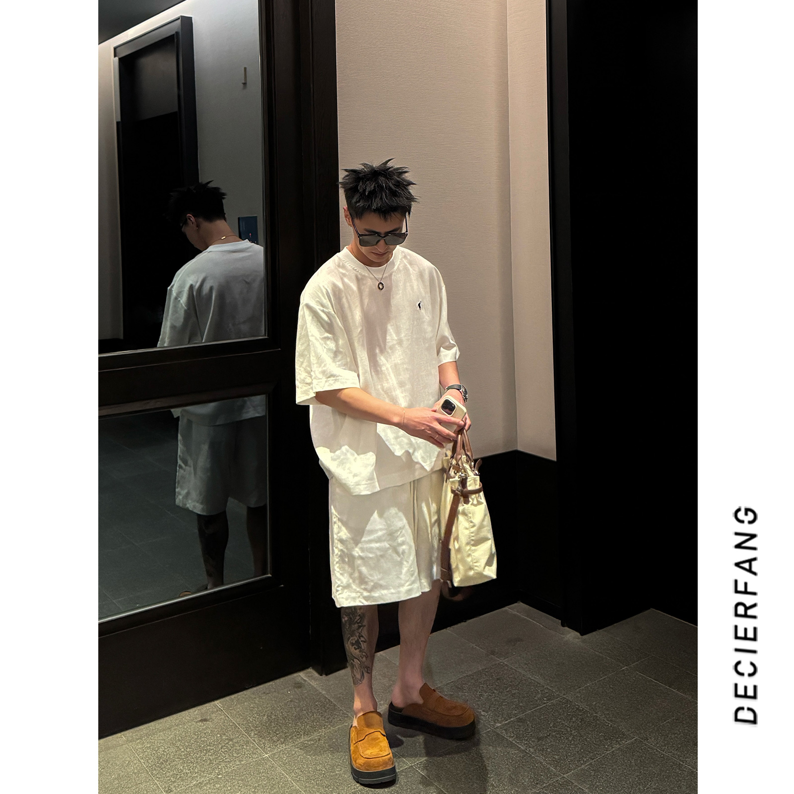 【亚麻套装】25夏日老钱风小标极简天丝亚麻贵气短袖短裤套装男潮