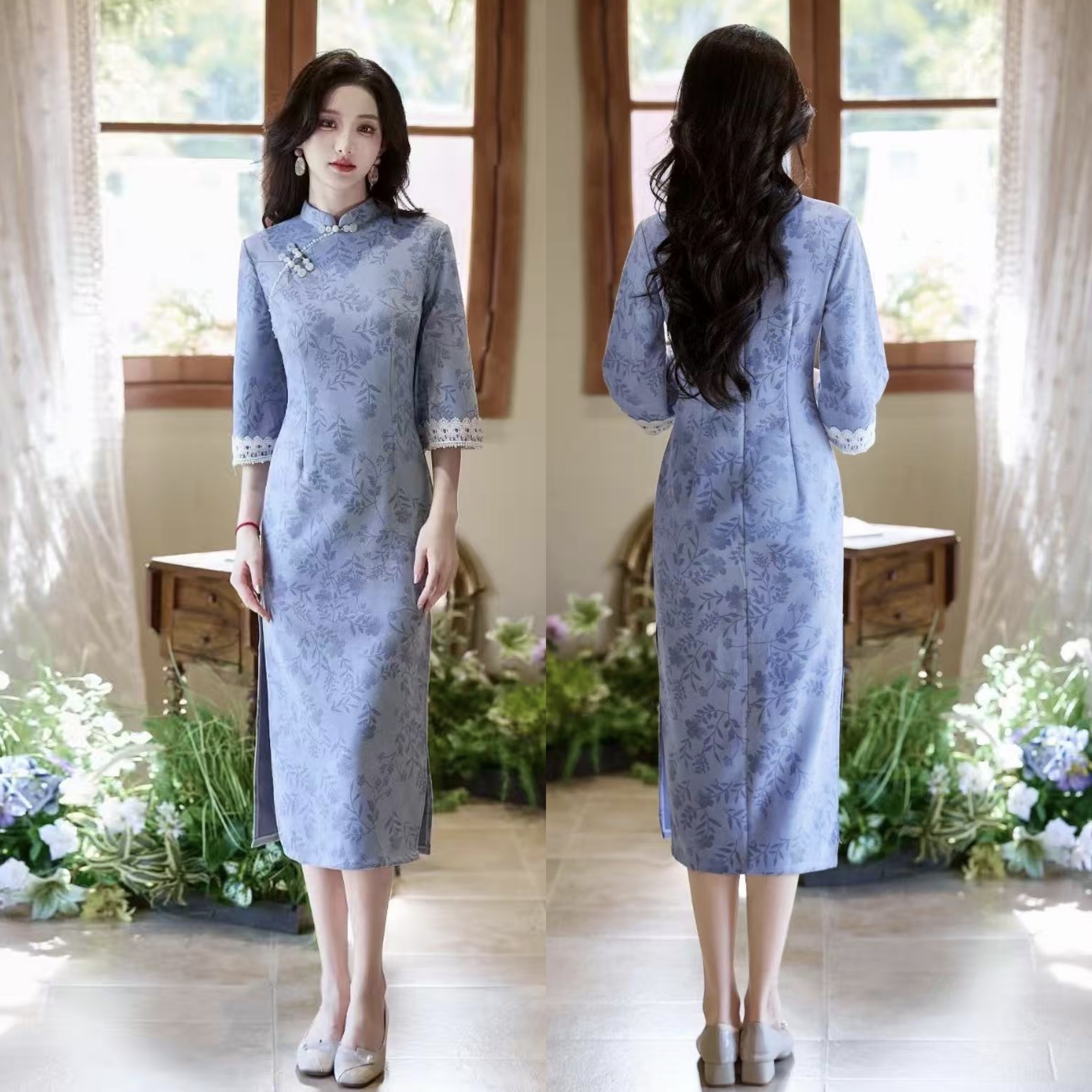 优雅新中式中长款气质复古中国风显瘦旗袍时尚修身蓝色蕾丝日常