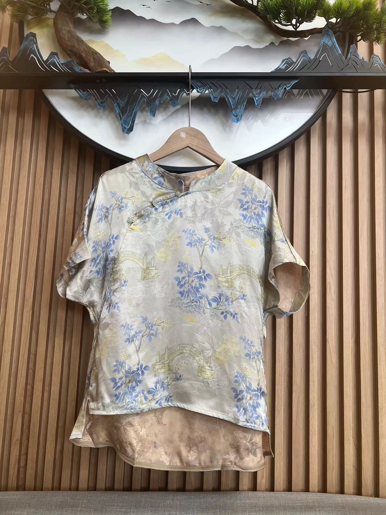 0057网红圆领斜襟提花常规款夏季上衣短袖小衫时尚薄款