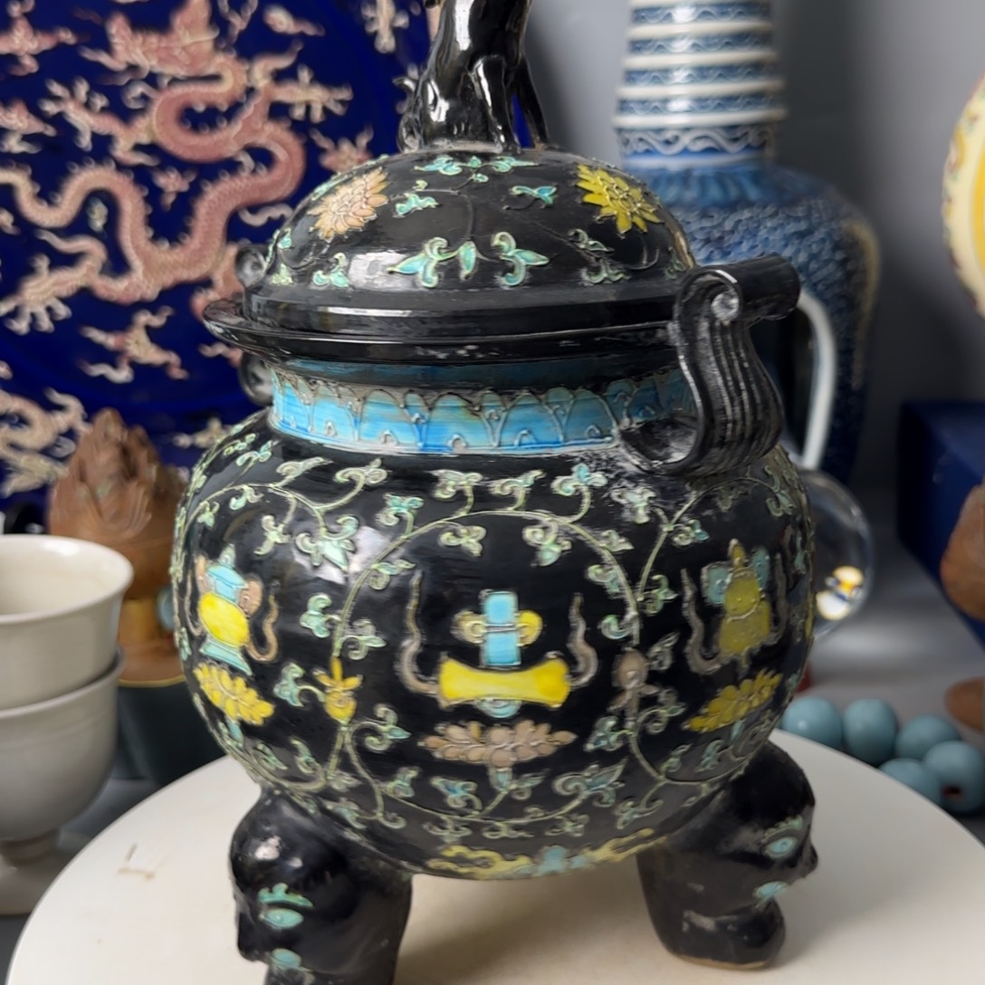 5***5摆件砝华彩三足炉全美品