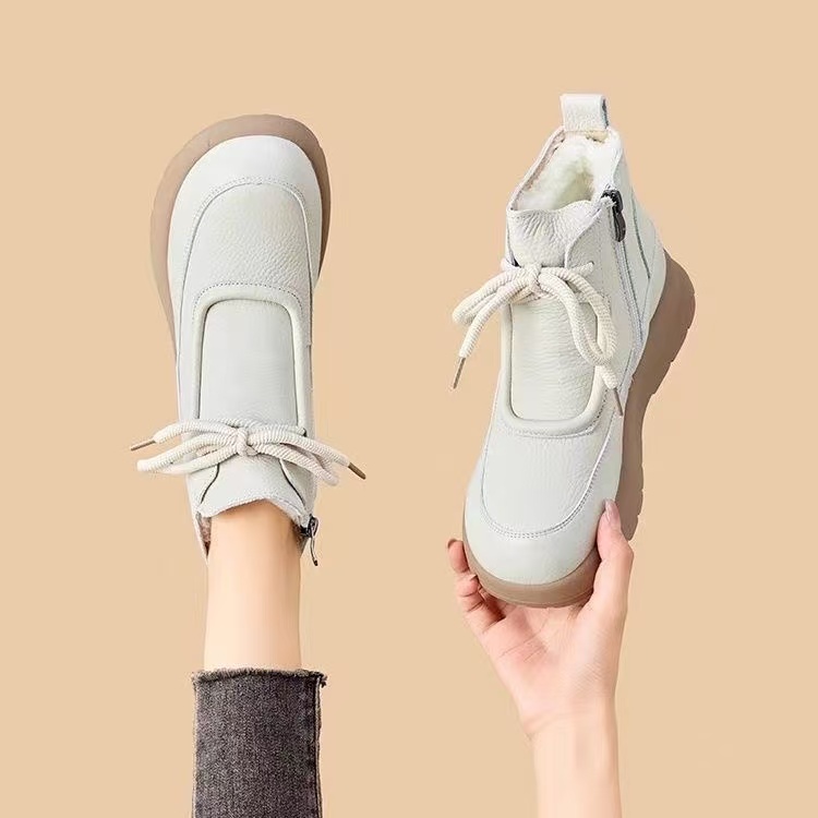 【牛皮羊毛】敏3保暖冬季短筒侧拉链摔纹皮马丁靴棉鞋加厚英伦风 丰