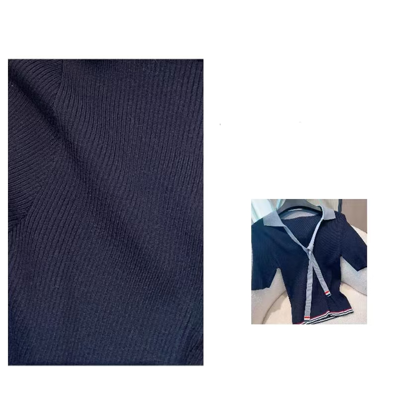 撞色飘带短袖女针织衫螺纹修身显瘦翻领T恤