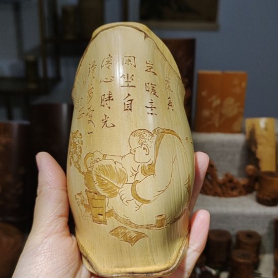 奋***成竹竹雕龟甲茶则手把件