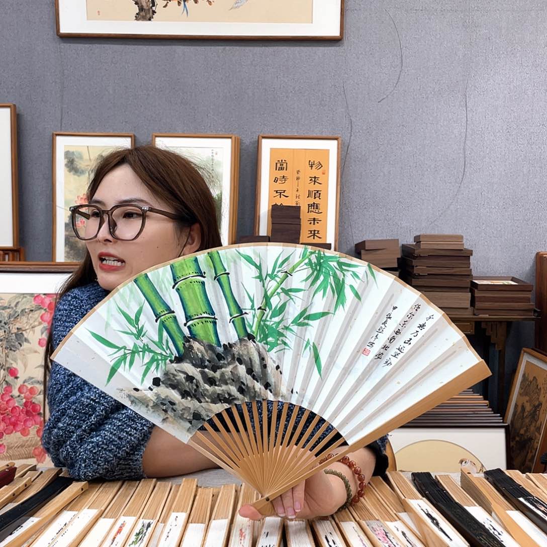 国画95寸玉竹-纯手绘-文玩扇骨（默认粘好）