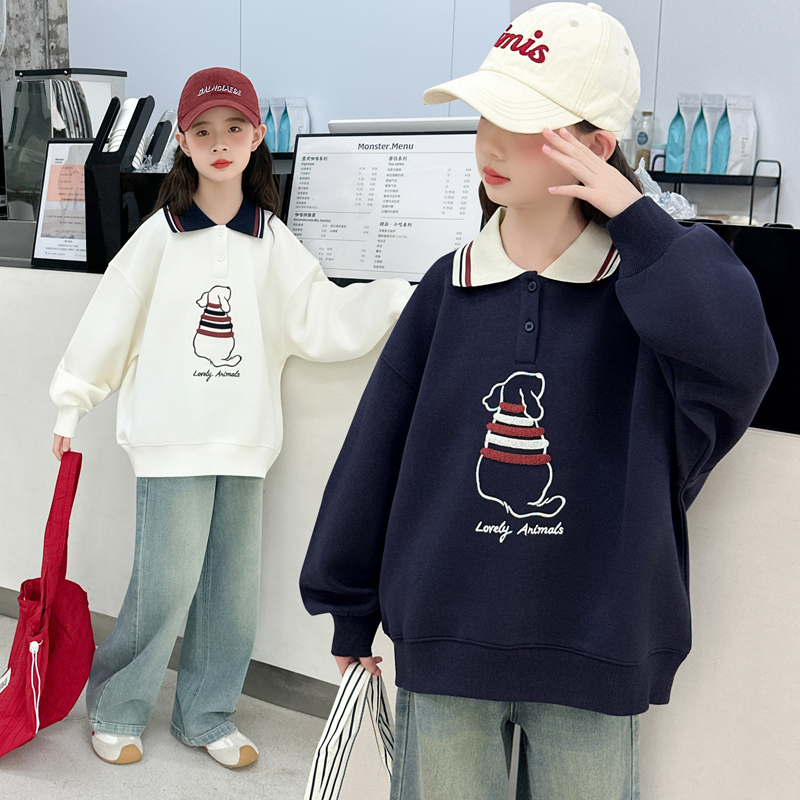 女童春秋季套装2025新款女大童洋气时髦拼色翻领卫衣牛仔裤两件套