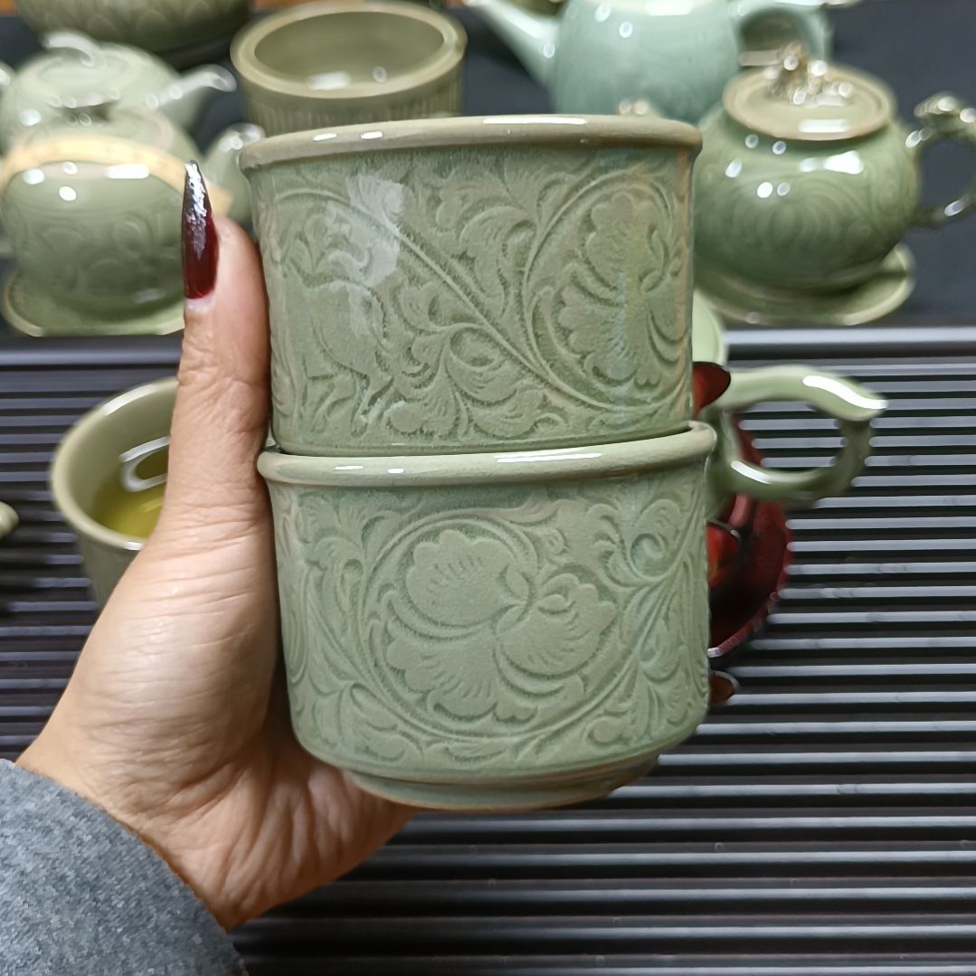 耀州窑青瓷牡丹主人杯微微瑕2只