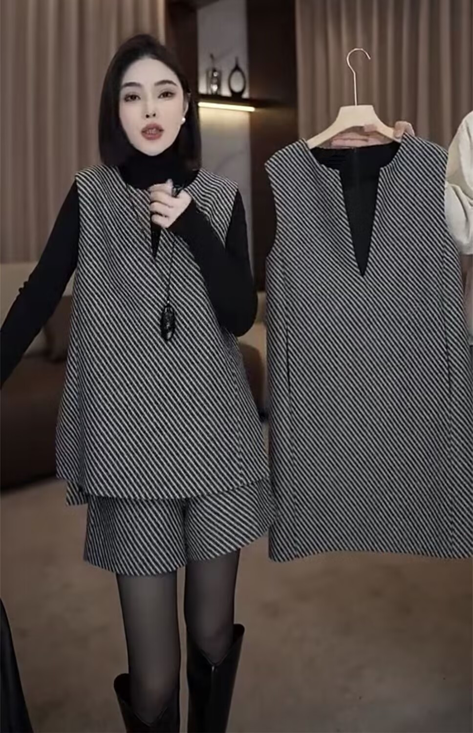 200斤微胖mm休闲套装女大码宽松显瘦洋气质妈妈装马甲短裤两件套