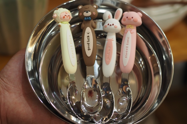 陈锅锅 316不锈钢儿童饭勺元宝勺可爱卡通硅胶勺子