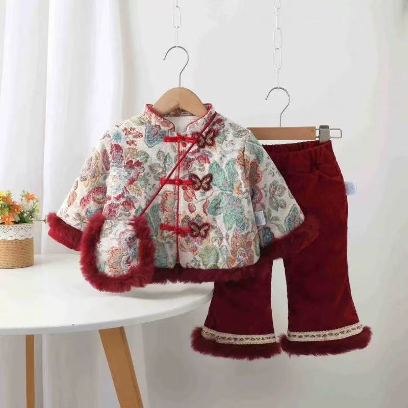 冬款宝宝拜年服带包中式蝴蝶盘扣棉套装