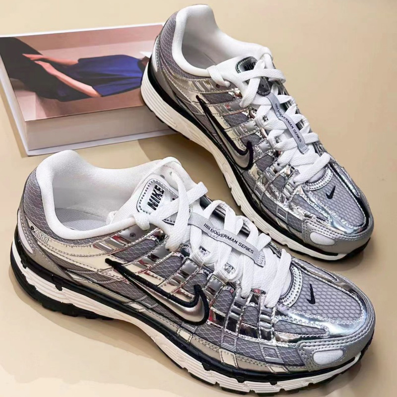 Nike耐克P-6000男女运动鞋机能风复古灰色液态银亮面漆皮老爹鞋