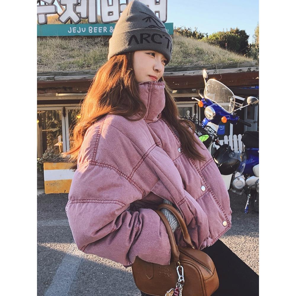 粉紫色复古炸街90绒牛仔羽绒服女冬2025新款韩系小个子短款甜酷风