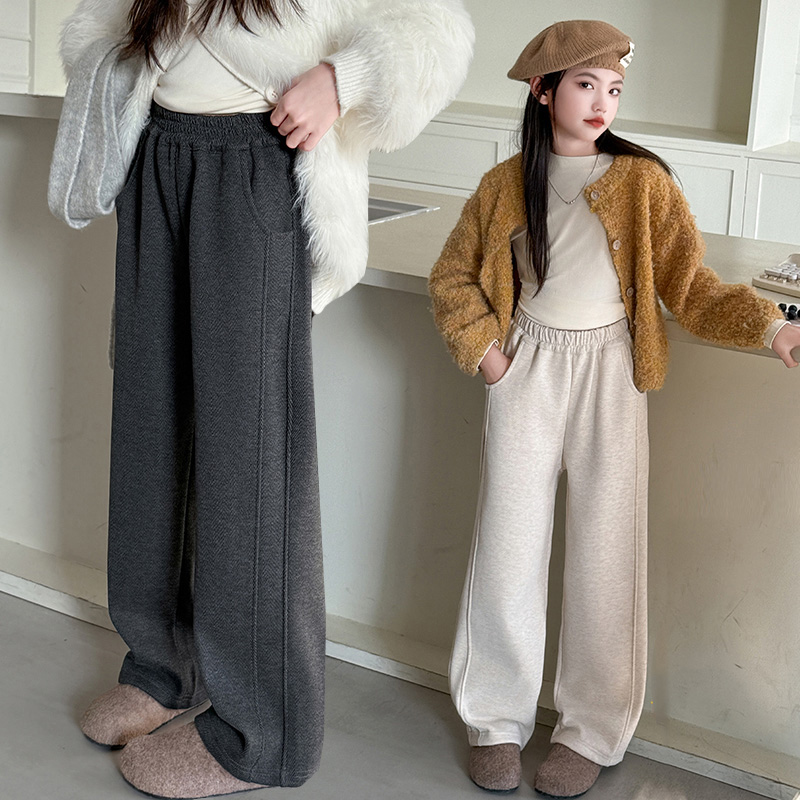 女童加绒裤子秋季2025新款儿童直筒阔腿裤女大童卫裤秋冬款糯米裤