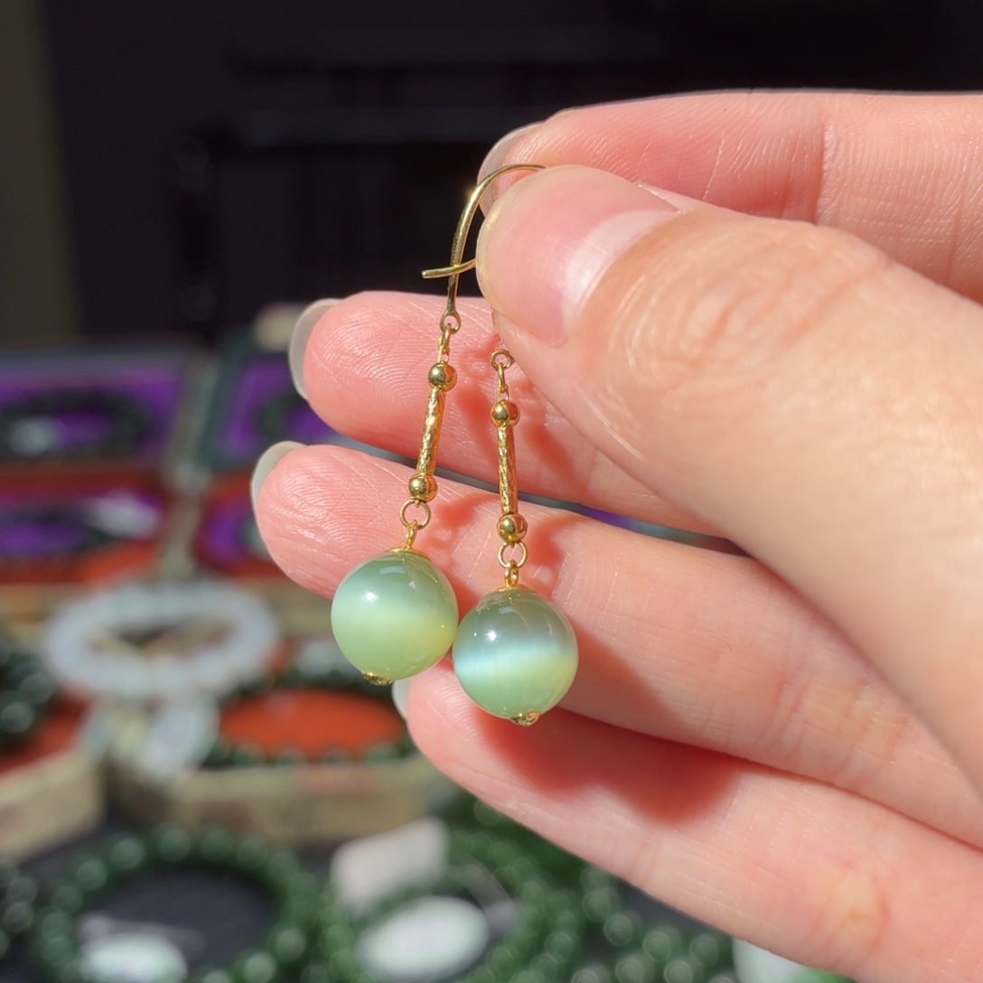 和田玉（碧玉）18K金镶嵌耳饰