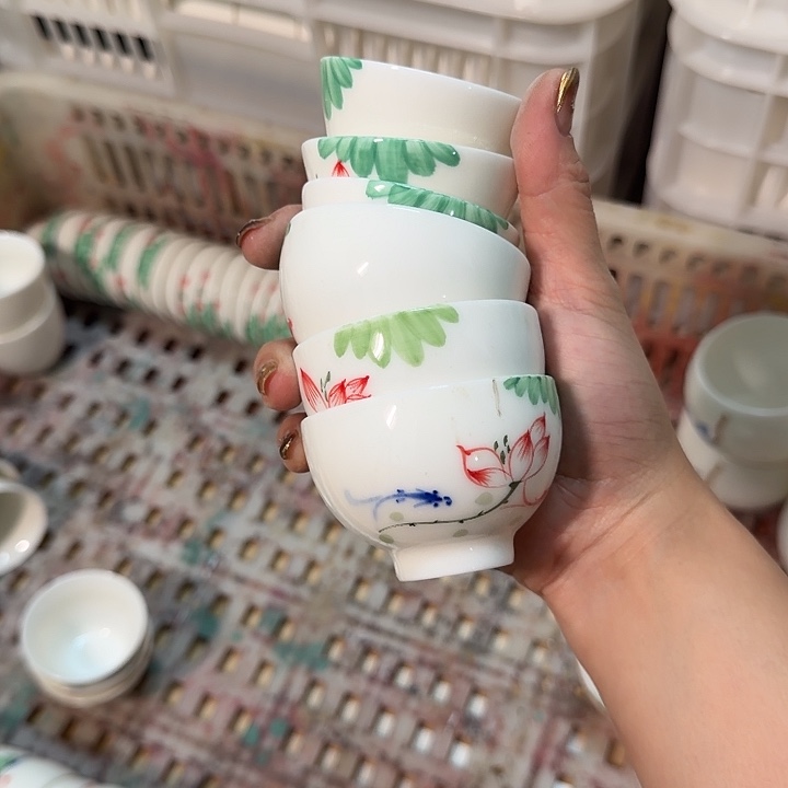 高端羊脂玉茶杯手绘六个一组