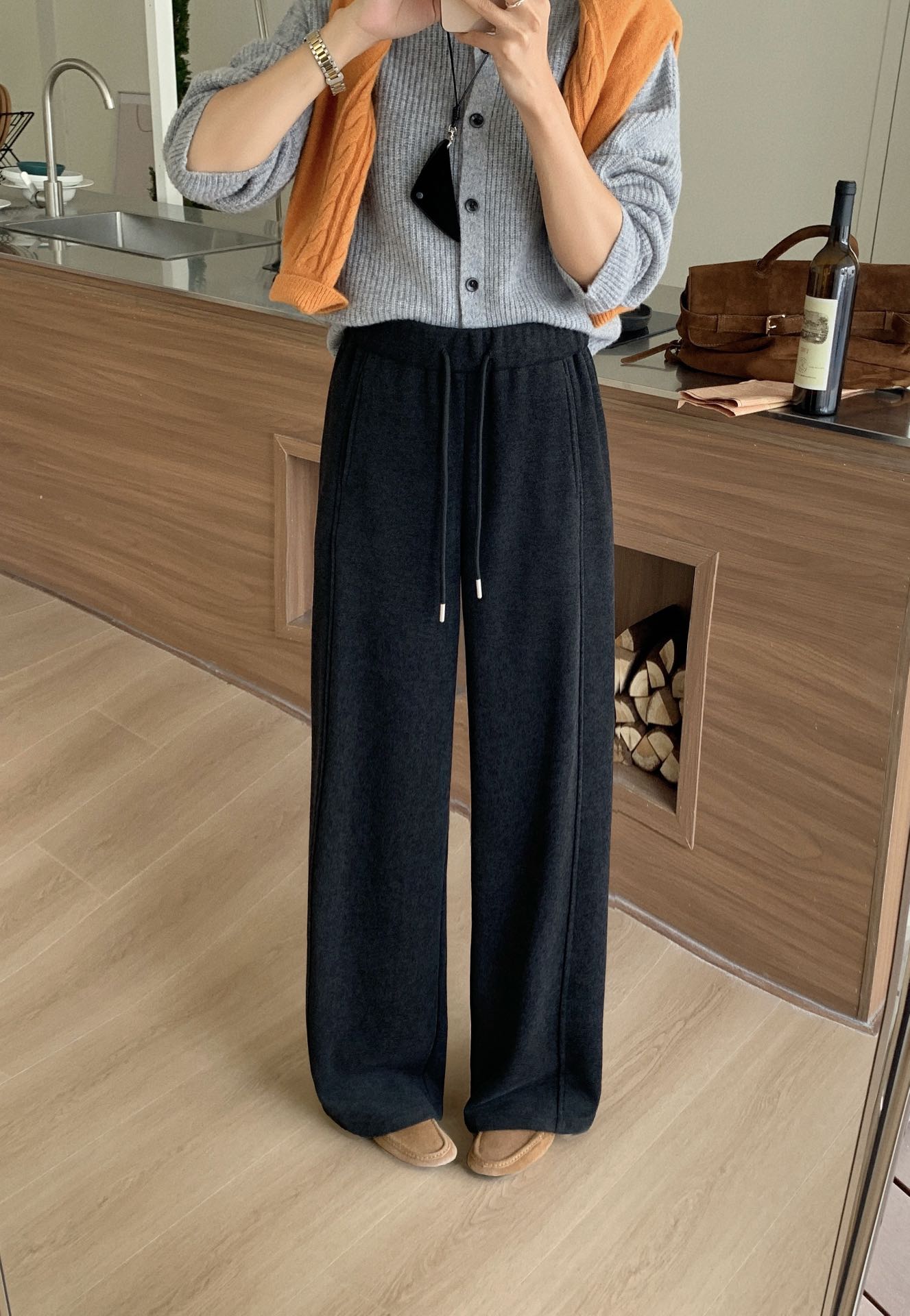 极简风灰色阔腿裤女高腰宽松直筒系带休闲裤百搭