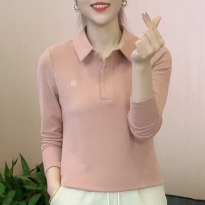 2025女士刺绣翻领冬季简约刺绣长袖poloT恤显瘦减龄打底洋气55116