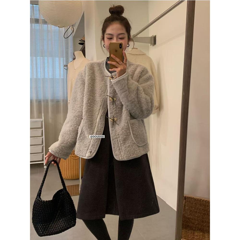 【豆豆】小香风减龄短款毛外套女冬季新款设计感棉服