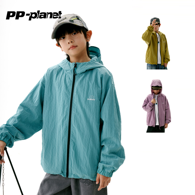 PP星球原创男童3色运动格子连帽防风外套中大儿童春秋款休闲外套