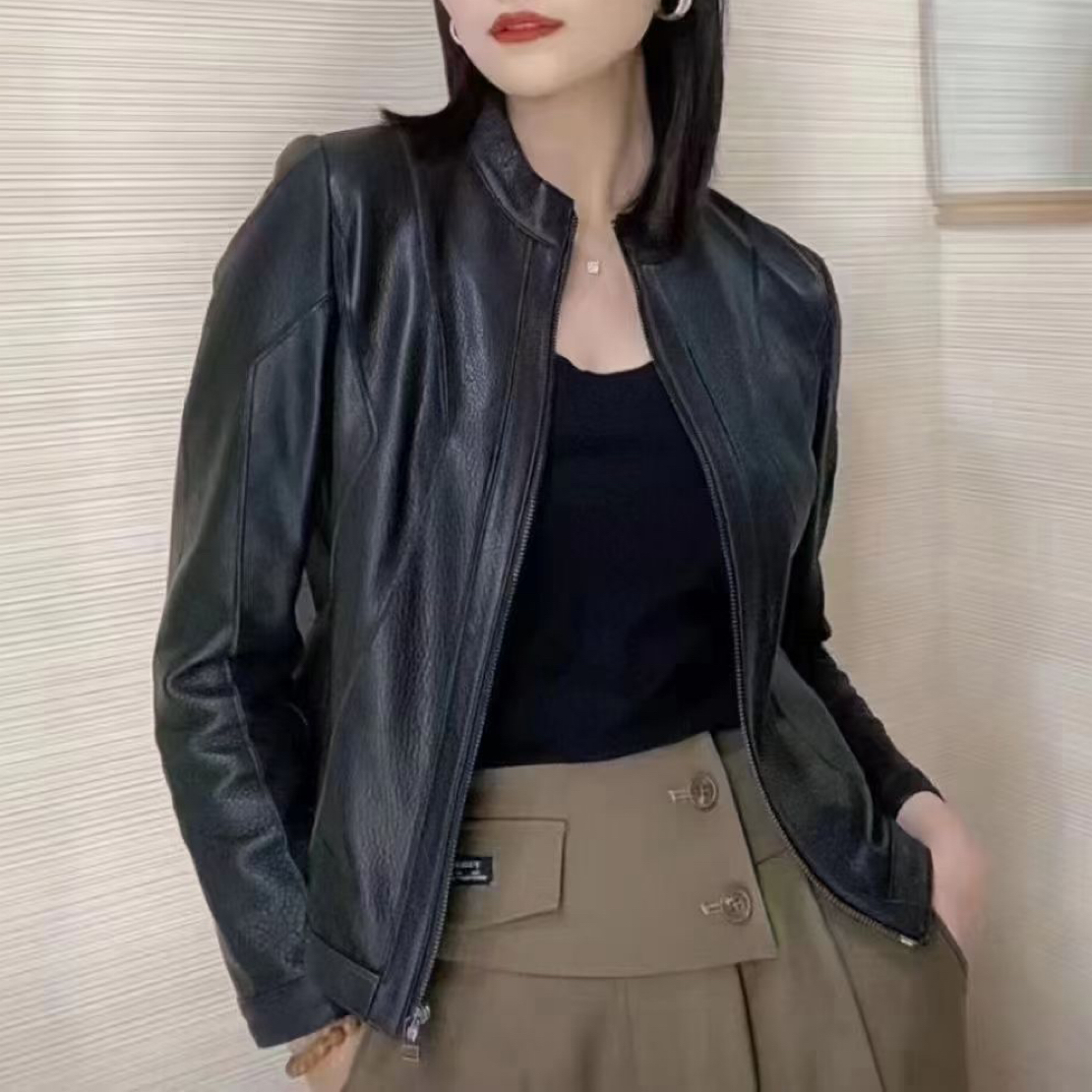 玛丝恩迪秋季短款立领皮衣网红女士时尚女装百搭春秋修身黑色真皮