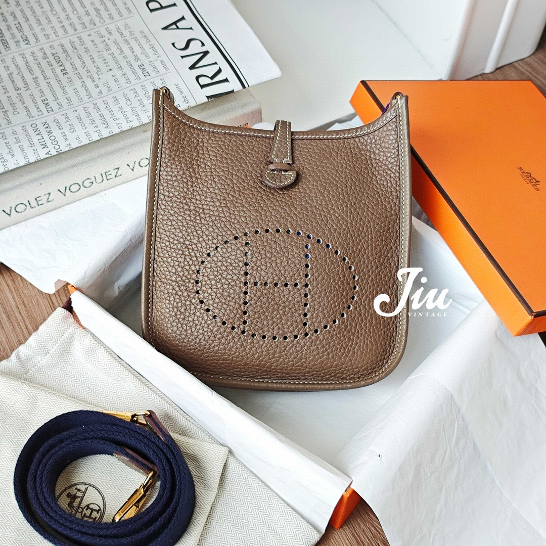 99新 Hermes/爱马仕 mini evelyne大象灰蓝肩带u刻BJM7-3284