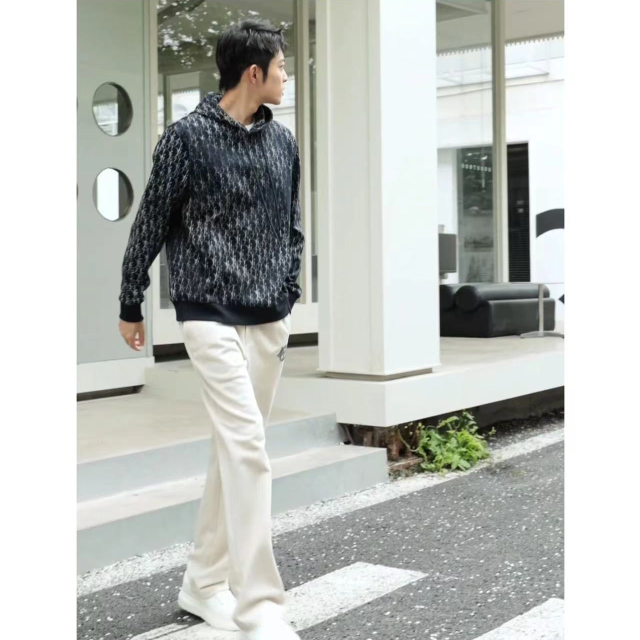 C.Dioc男女情侣老花logo连帽卫衣深蓝米白色