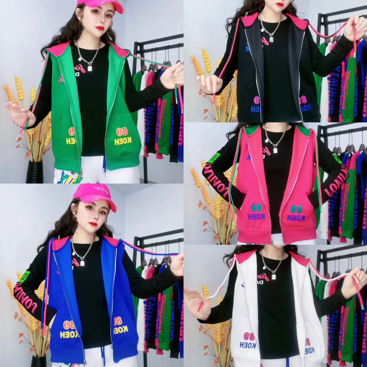 8029韩版时尚休闲潮流秋款冬款连帽抽绳运动气质洋气拉链女士马夹