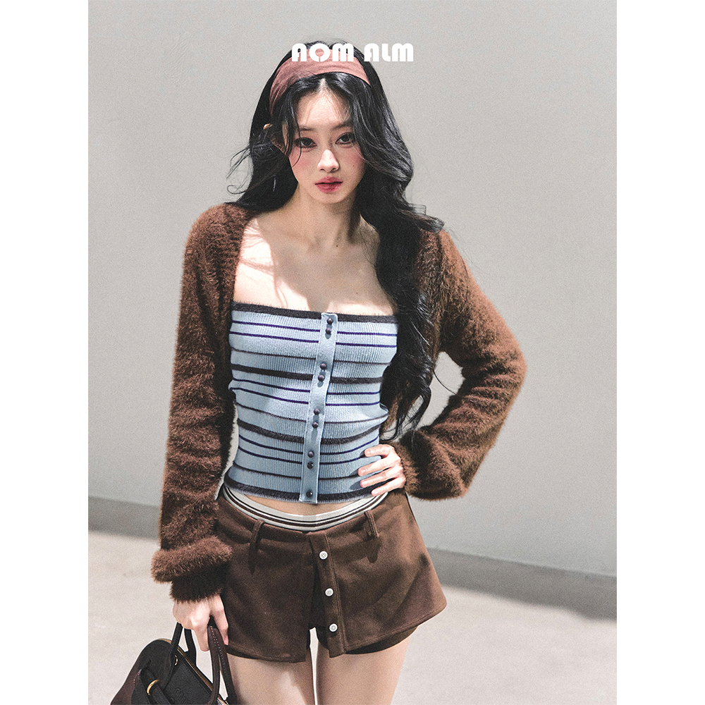 AOMALM少也眼"未命名的蓝"一字肩辣妹条纹针织背心T恤女秋冬上衣