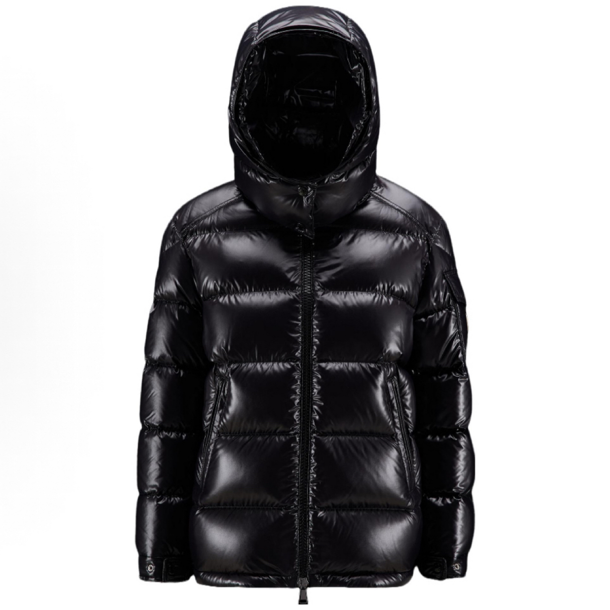 未使用 MONCLER 女士Maire 黑色经典秋冬亮面连帽羽绒服