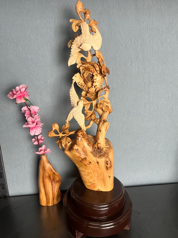 太行崖柏纯手工雕刻鸟语花香 锦上添花 实木工艺品摆件 双色料
