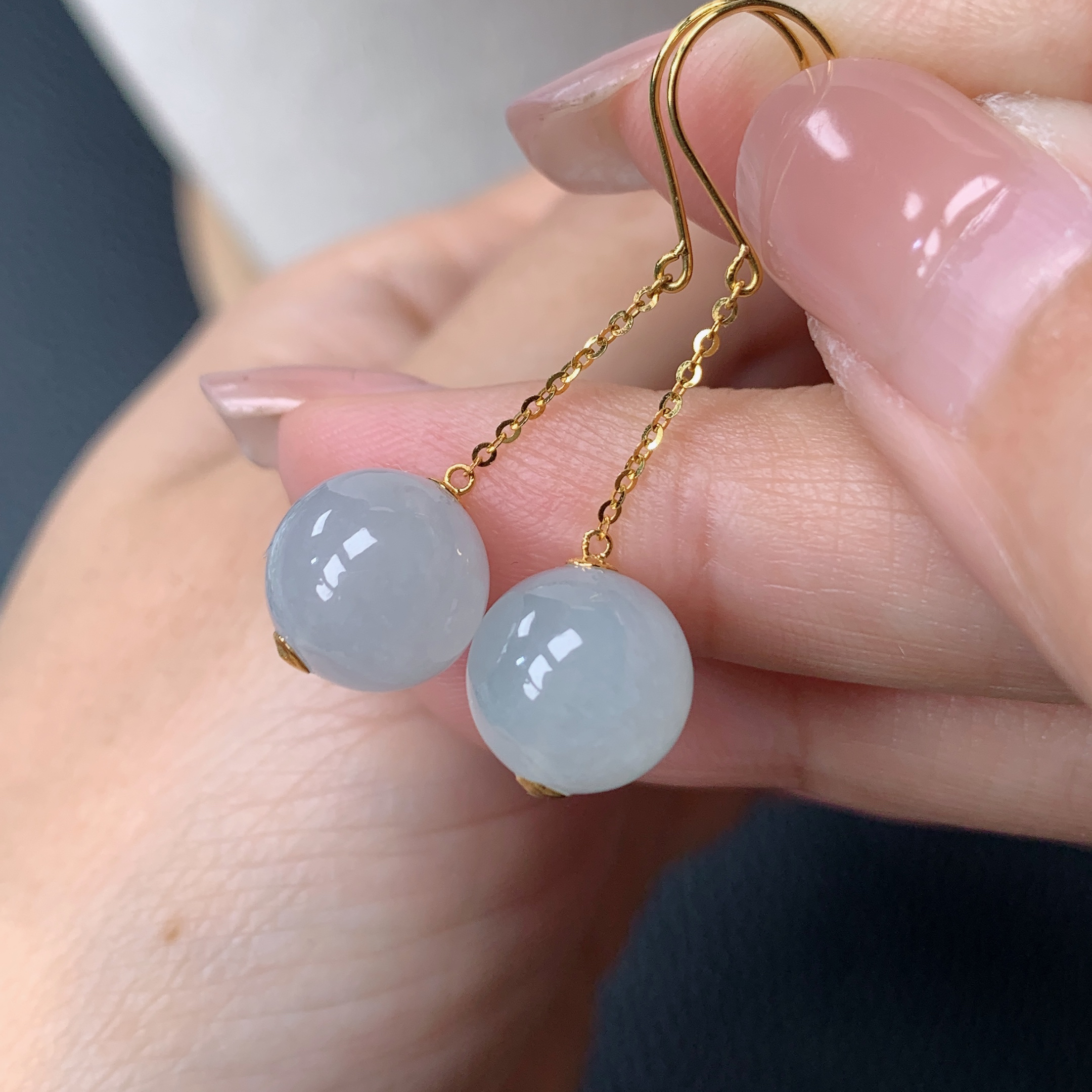 缅甸天然翡翠a货18k金冰种珠子耳坠10.2