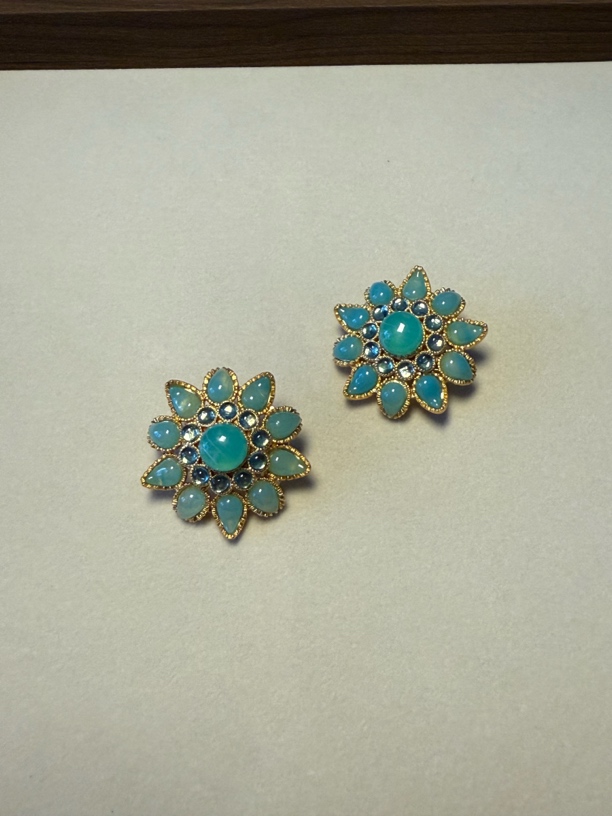 铜合金树脂耳饰 复古立体蓝绿色琉璃树脂花瓣耳夹款 古董首饰