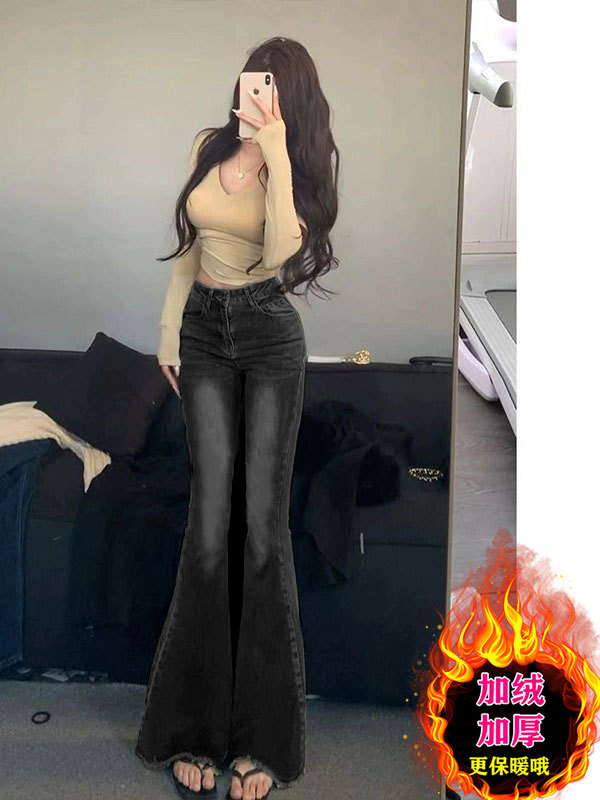 加绒复古毛边破洞微喇叭牛仔裤女秋季高腰显瘦鱼尾喇叭直筒拖地裤