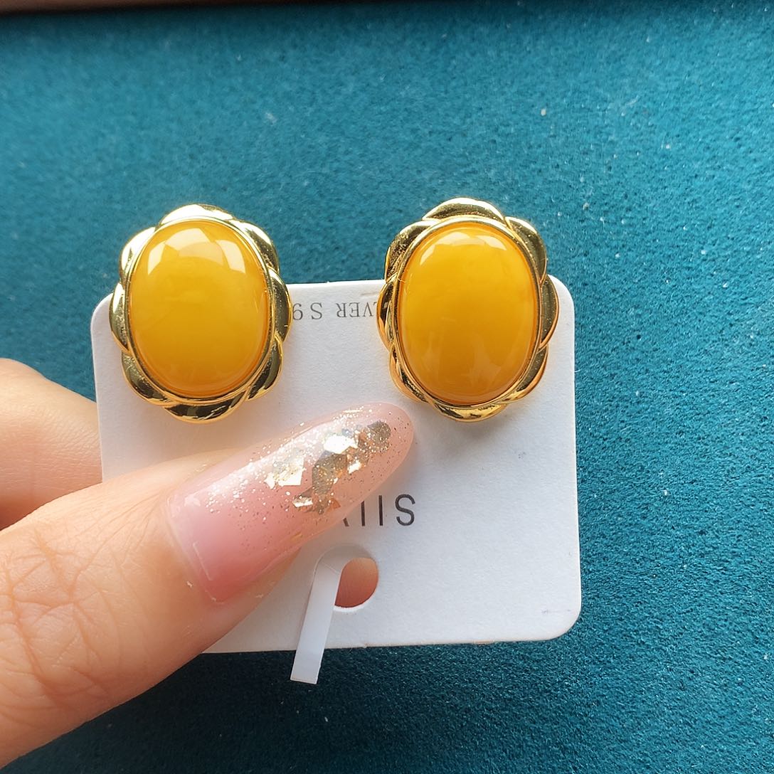 银S925镶嵌蜜蜡耳饰耳钉