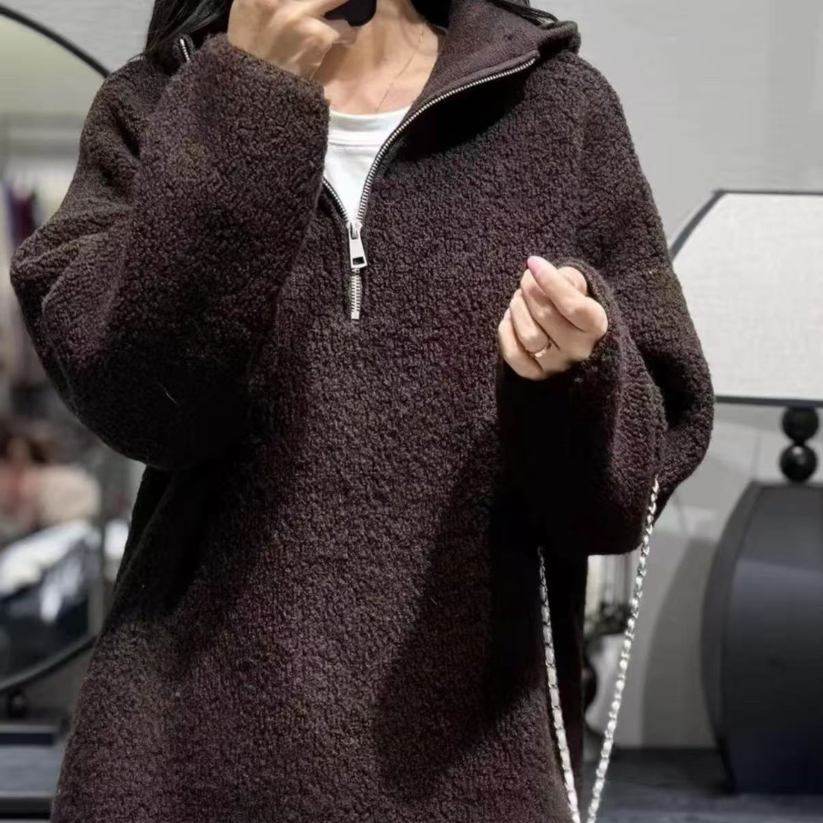 冬季新款连帽宽松半拉链加厚慵懒圈圈纱针织衫女7057