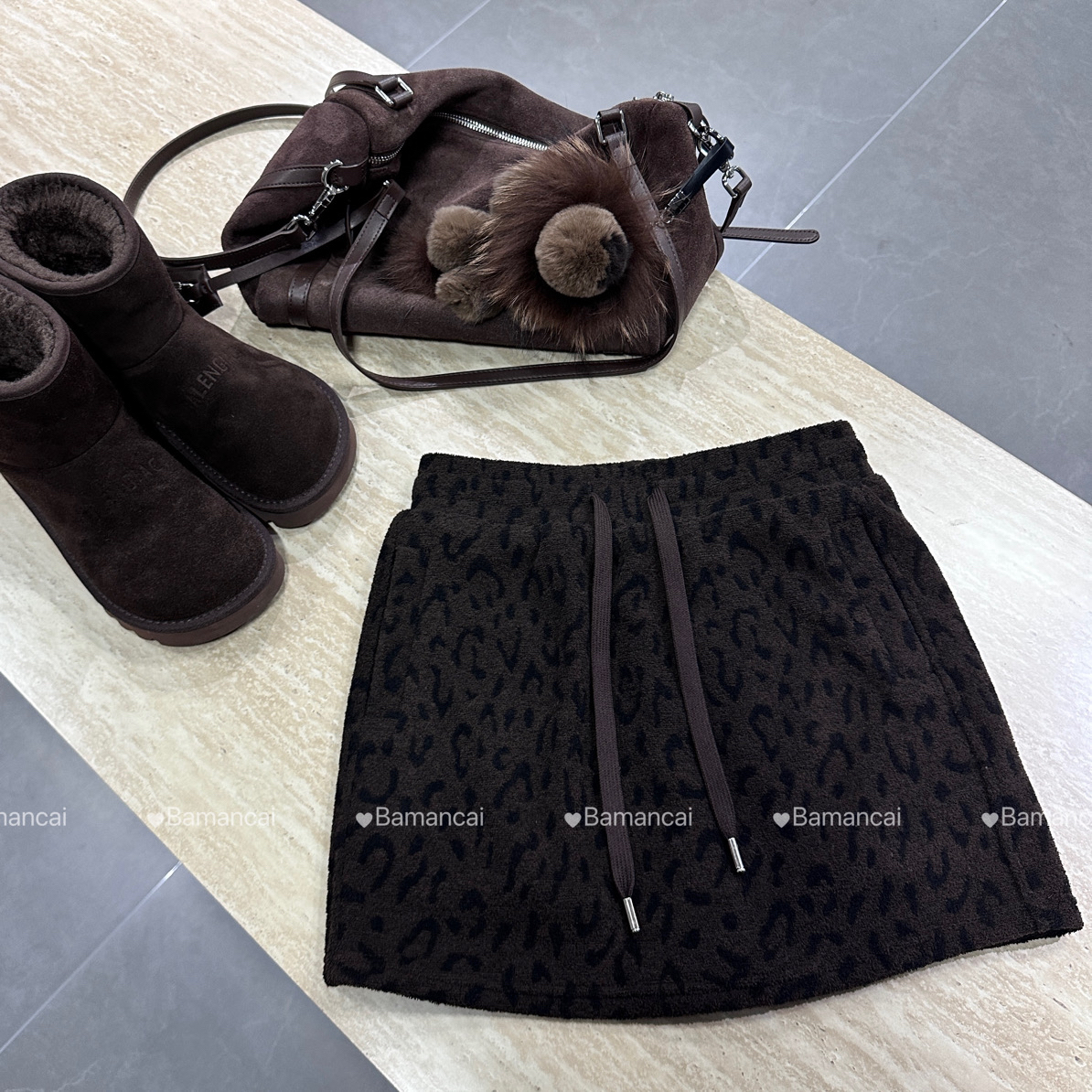 Bamancai-设计感复古豹纹半裙松紧高腰百搭羊毛加绒小A单件半身裙