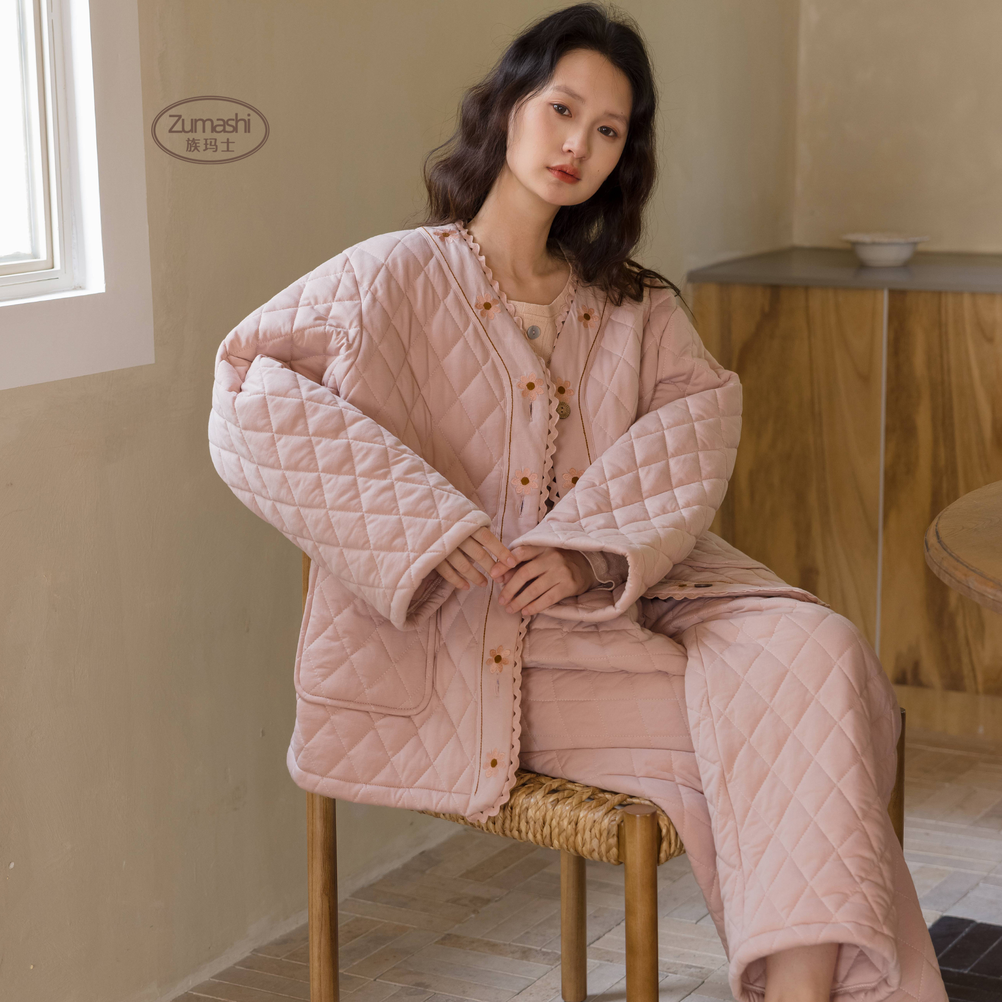 族玛士睡衣女款秋冬季高级感大码夹棉加厚保暖刺绣冬天家居服套装