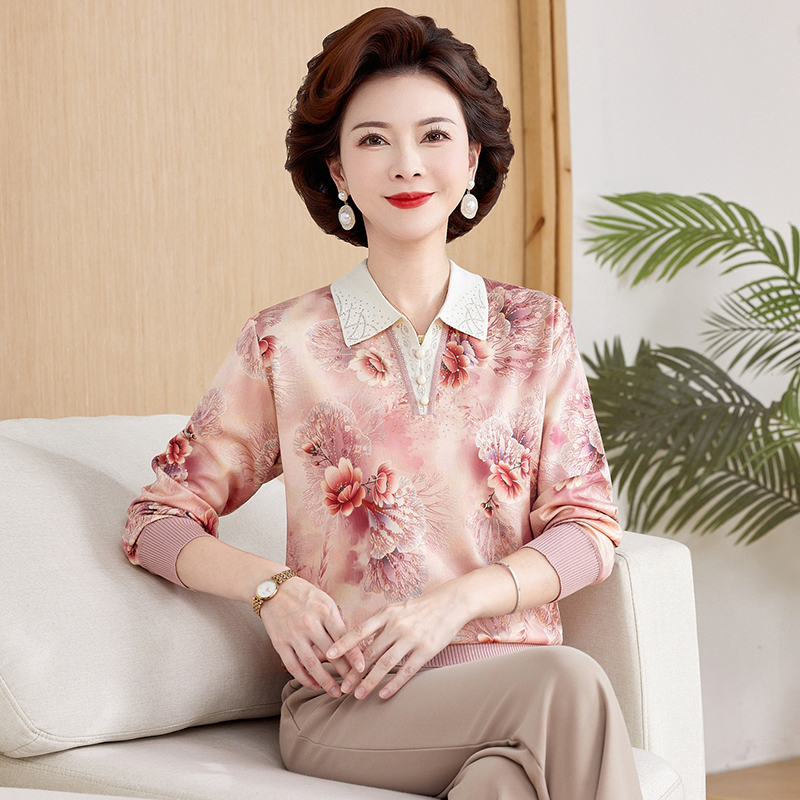 妈妈装上衣时尚翻领印花小衫中老年长袖打底衫2025新款春秋女装