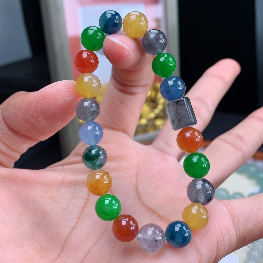 超级美的一条福禄寿喜財浓彩多宝天然缅甸A货翡翠手串