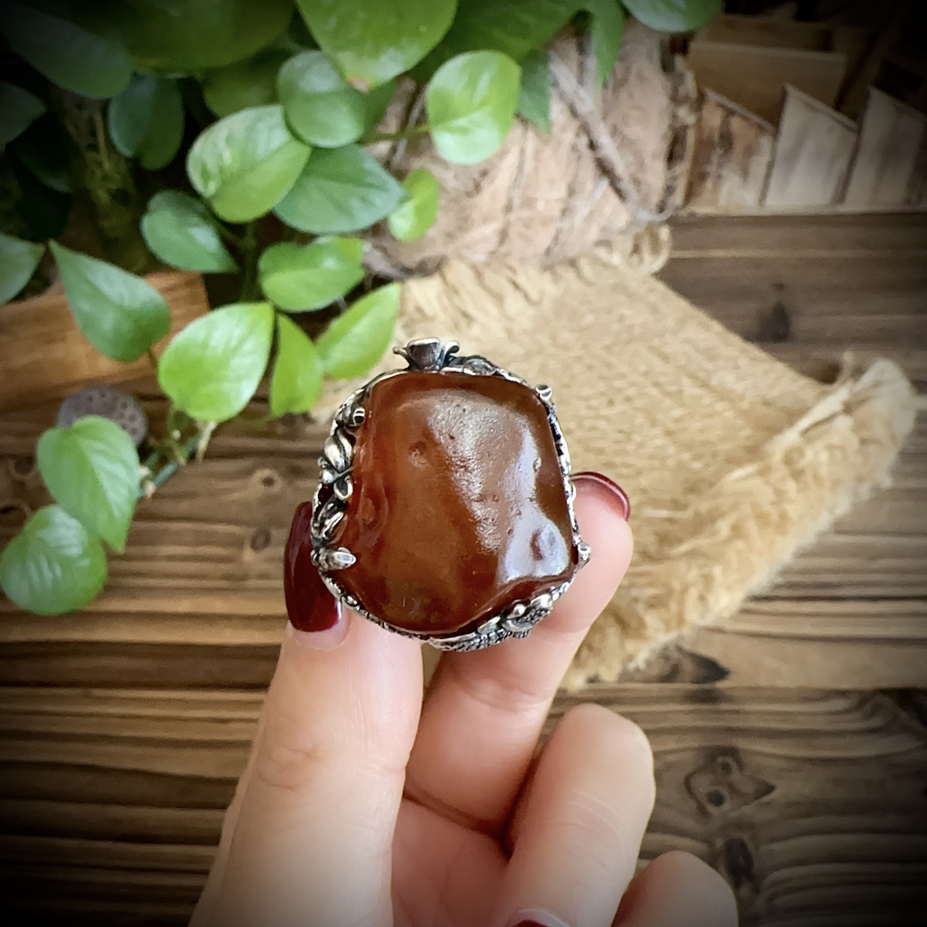 【古香古色】复古s925银蜜蜡琥珀戒指（开口可调节）