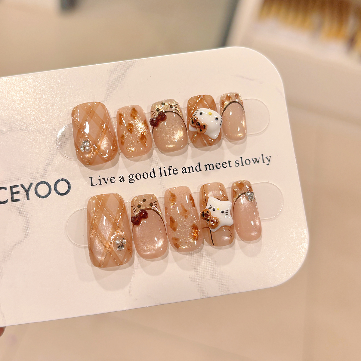 【豹纹KT】新款手绘KT豹纹金色猫眼纯手工穿戴甲成品美甲贴片