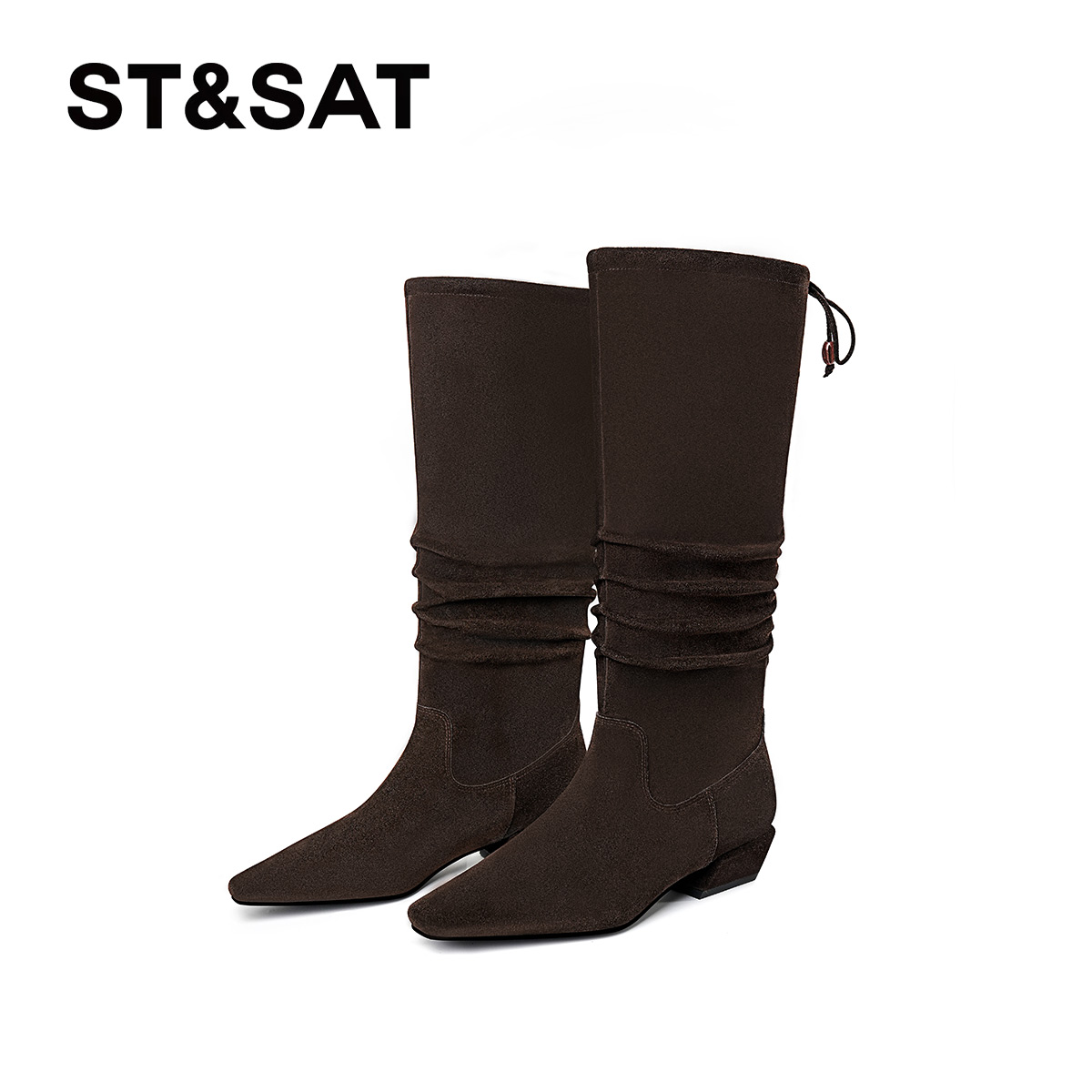 St&Sat/星期六气质时尚尖头时装靴长筒秋冬黑色轻职风优雅女靴