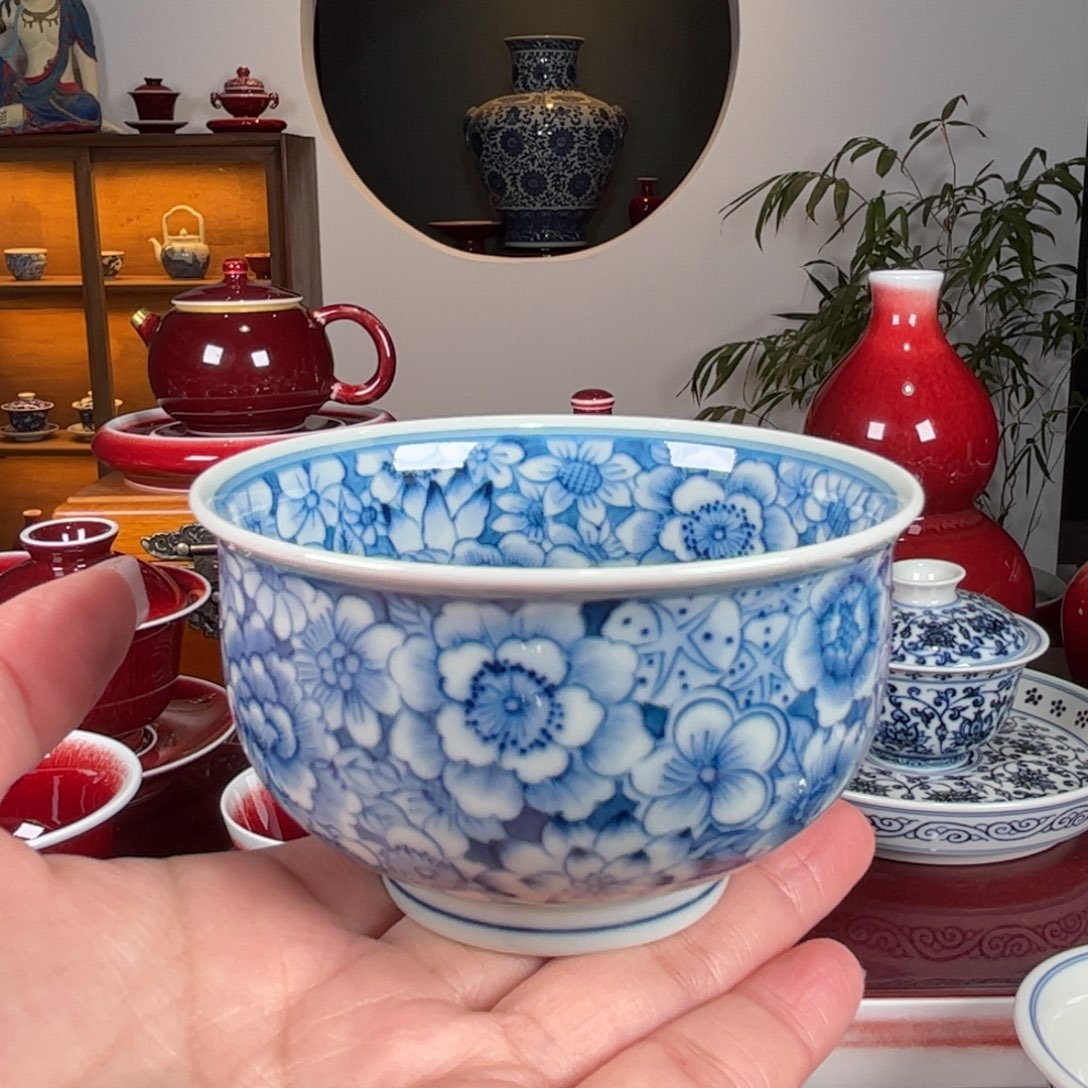 杯闻轩坊柴窑 万花重工满绘 儒士杯